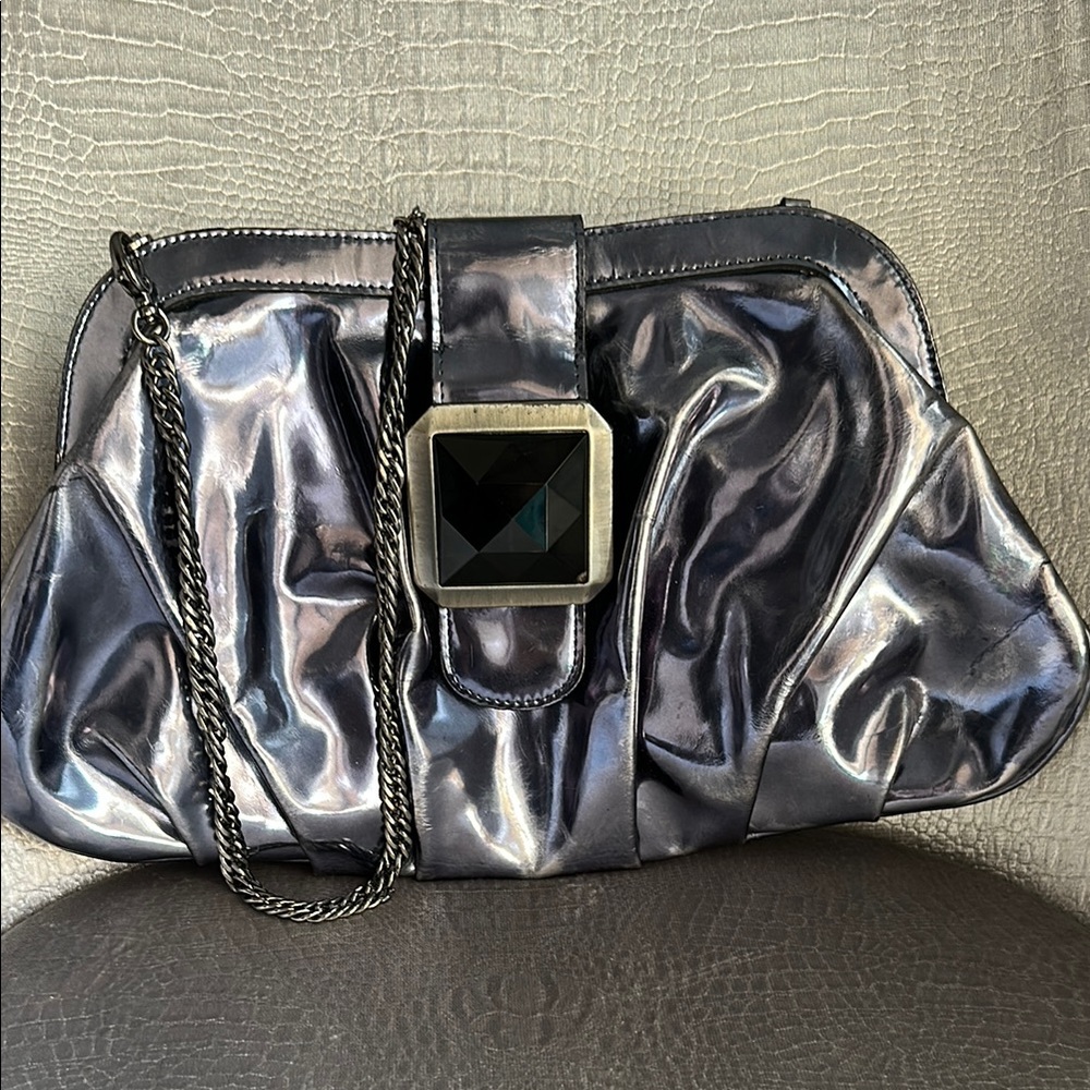 Be&D Gunmetal Metallic Clutch with Chain Strap & Pyramid Buckle